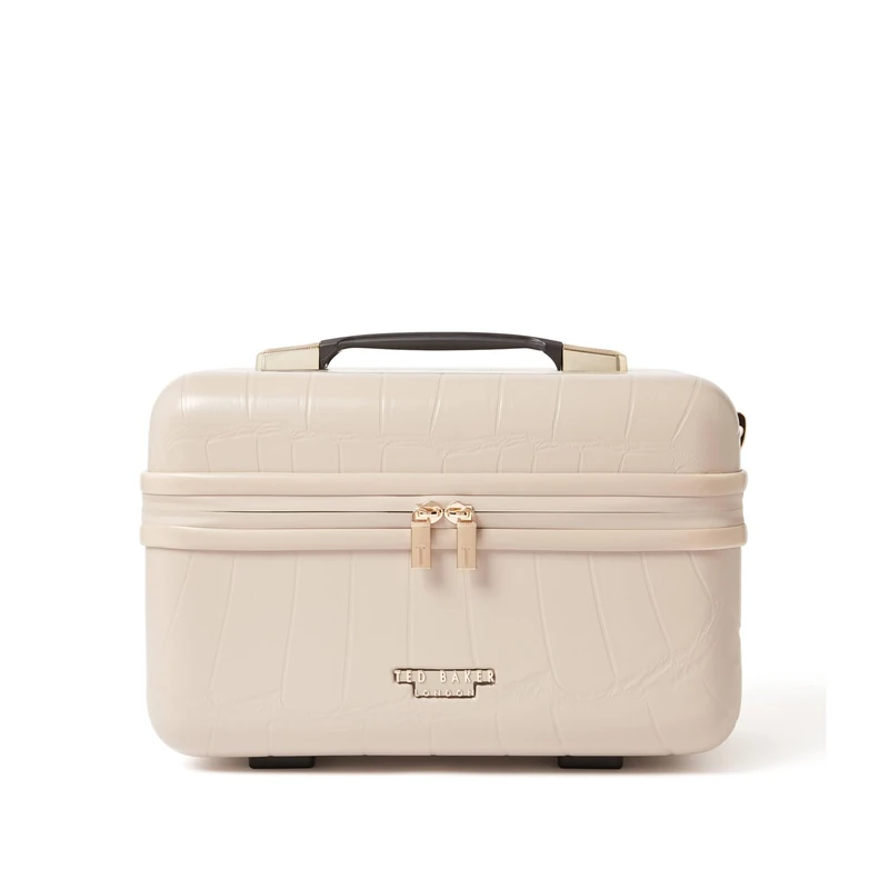 Ted Baker Putty Croc Icon Vanity Case Travel Makeup Bag Hard Shell Cosmetic Case Toiletry Bags Beige Portable Carry Handle & Strap Logo Lining, 36cm Travel Organiser with Compartments 17L Capacity