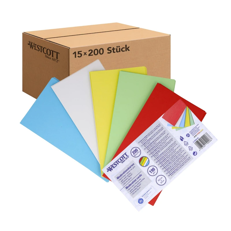 Westcott Presentation Cards 200 Pieces Intensive Colours Mix (Pack of 15) Robust Index Cards 190 g/m² Format 10.5 x 20 cm Ideal for Presentation Cases, Workshops, Seminars E-733323 00 - Image 1