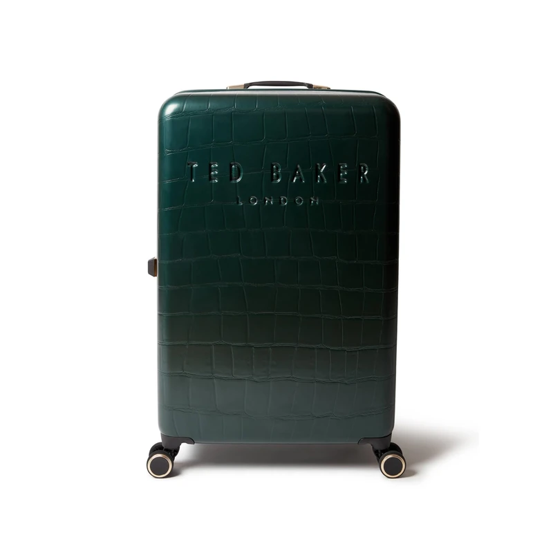 Ted Baker Icon Case Large Suitcase 79cm Forest Green Patent Croc Hard Shell 4-Wheel TSA Lock Designer Luggage Travel Bag 122L Lightweight ABS Organised Interior Stylish with Compartments