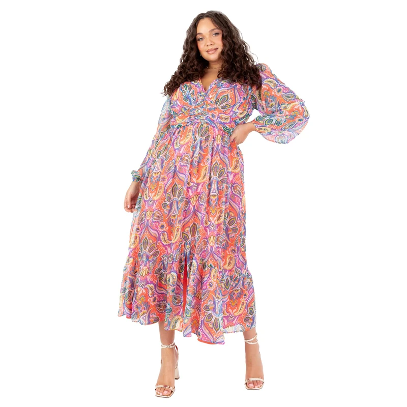 Lovedrobe Women’s Paisley Midaxi Dress V-Neck Long Sleeve A-Line Boho Summer Party Dress High Waist Flowy Holiday Outfit Size 22 Multi