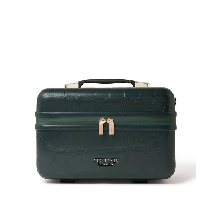 Ted Baker Forest Green Croc Icon Vanity Case Travel Makeup Bag Hard Shell Cosmetic Case Toiletry Bags Portable Carry Handle & Strap Logo Lining, 36cm Travel Organiser with Compartments 17L Capacity