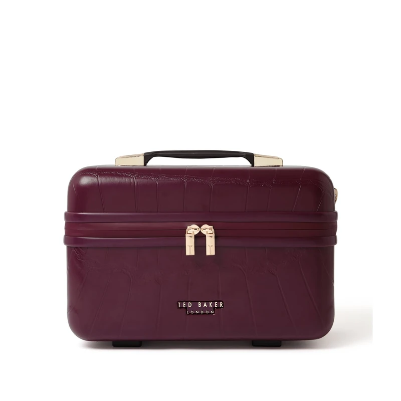 Ted Baker Plum Croc Icon Vanity Case Travel Makeup Bag Hard Shell Cosmetic Case Purple Toiletry Bags Portable Carry Handle & Strap Logo Lining, 36cm Travel Organiser with Compartments 17L Capacity