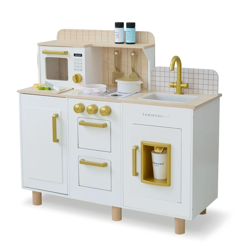 Teamson Kids Little Chef Hampton Wooden Play Kitchen Set with Ice Dispenser, Sink, Click Hob Knobs, Storage & 17 Accessories Included for Toddlers