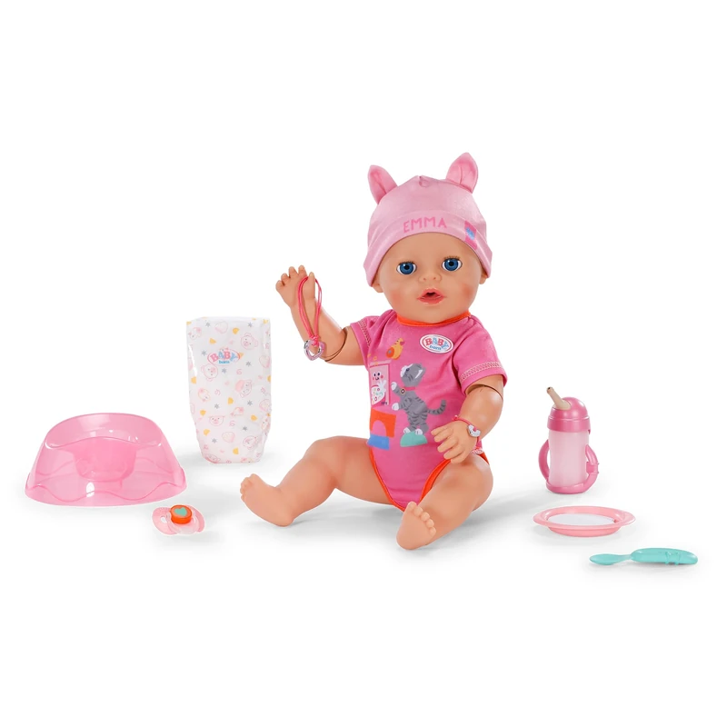 BABY born Emma Click & Play, baby doll with 10 functions and 8 accessories, for children from 3 years old, works without batteries, 43 cm tall doll with movable arms and click and play hand