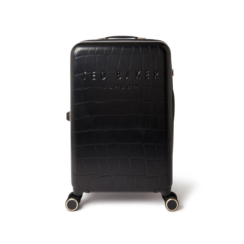 Ted Baker Icon Case Medium Suitcase 68cm Black Patent Croc Hard Shell 4-Wheel TSA Lock Designer Luggage Travel Bag 77L Lightweight ABS Organised Interior Stylish with Compartments