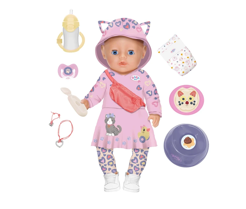 BABY born Emma Click & Play in rainbow style, baby doll with 10 functions and 8 accessories, for children from 3 years, works without batteries, 43 cm tall doll with movable arms and click & play hand
