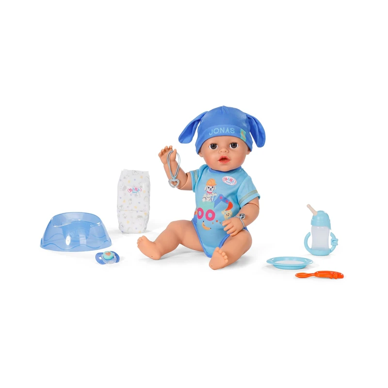 BABY born Jonas Click & Play, baby doll with 10 functions and 8 accessories, for children from 3 years old, works without batteries, 43 cm tall doll with movable arms and click-and-play hand
