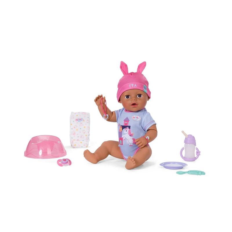 BABY born Eva Click & Play, baby doll with 10 functions and 8 accessories, for children from 3 years old, works without batteries, 43 cm tall doll with movable arms and click and play hand