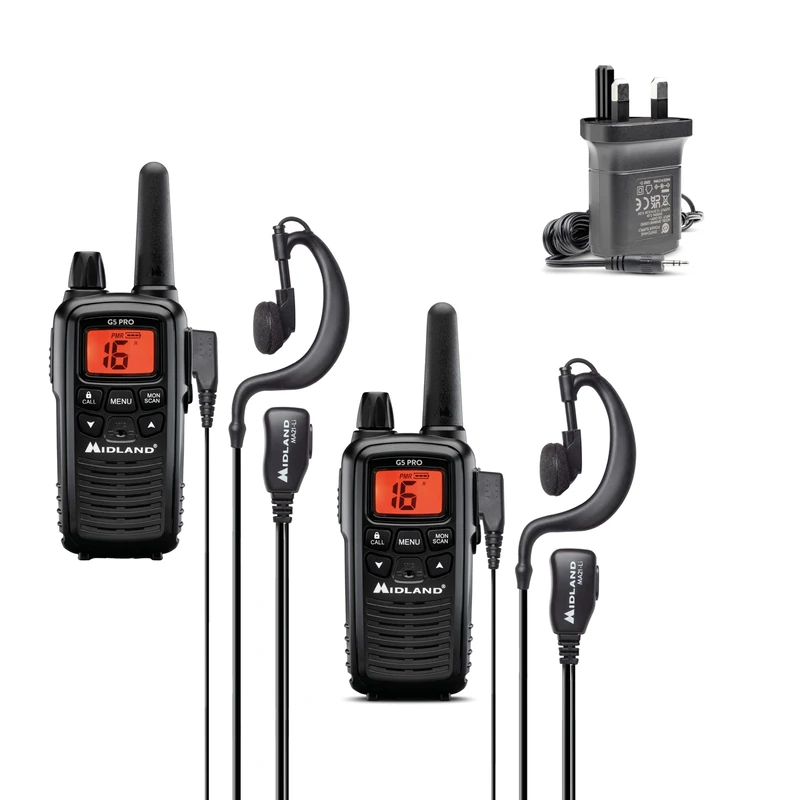 Midland - Walkie Talkie Dual Band G5 PRO PMR446/LPD, with UK Plug, 16+69 Channels, VOX Hands-Free, Waterproof, 10km Range, 12h Battery, LCD Display, Desktop Charger Included, Radio Communication