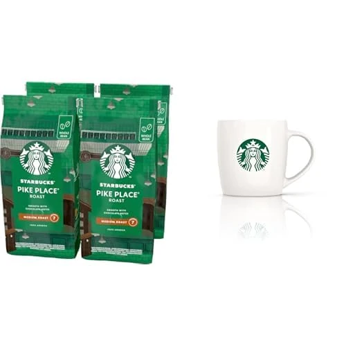 STARBUCKS Pike Place Roast, Medium Roast, Whole Bean Coffee 450g (Pack of 4) + Gift mug included