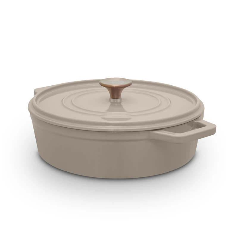 Barbary & Oak Nattura 28cm/3.8L Shallow Cast Iron Casserole/Dutch Oven/Cooking Pot with Durable Enamel Interior, Self Basting Lid, Induction Compatible, Cashmere, BO800322CSH