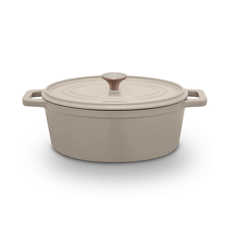 Barbary & Oak Nattura 29cm/4.3L Oval Cast Iron Casserole/Dutch Oven/Cooking Pot with Durable Enamel Interior, Self Basting Lid, Induction Compatible, Cashmere
