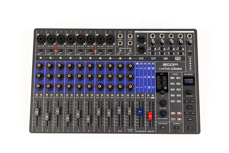ZOOM LiveTrak L-12next Digital Mixer and Recorder 12 Channels, Audio Interface, 14-Track 24/96 Recording, 32-Bit Float Master Track, Live & Studio, OLED Display, Effects (EU Version)
