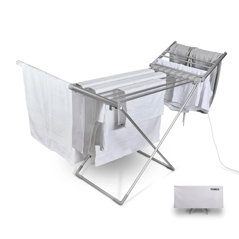 Tower Heated Winged Clothes Airer with Thermal Cover, Low-Energy Dryer, 12.6m Drying Space, Foldable, Compact Design, 15kg Capacity, 230W, Silver