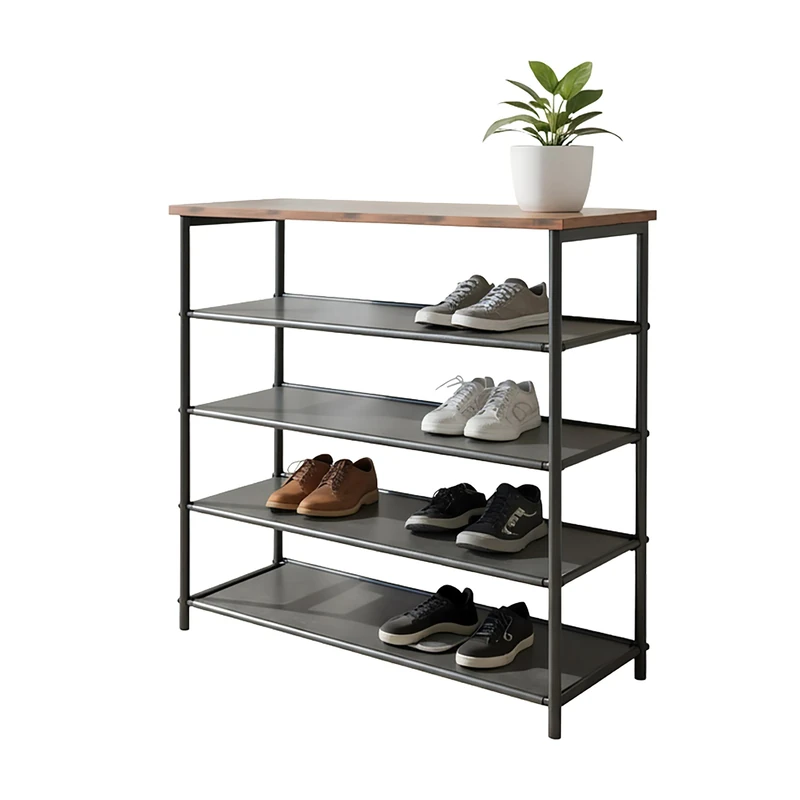 Relaxdays Shoe Rack with 4 Non-Woven Shelves, Top Shelf, Industrial Style, 75x75x30 cm, Black/Brown