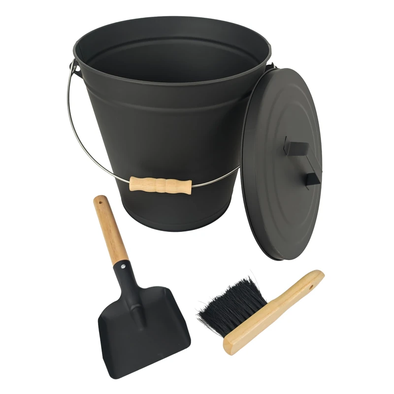 Relaxdays Ash Bucket with Lid, 20L, Incl. Ash Brush & Fireplace Shovel, Handle, Black/Natural