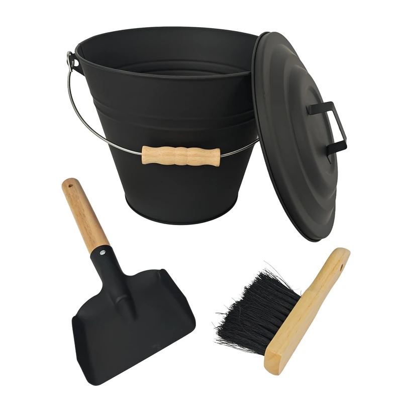 Relaxdays Ash Bucket with Lid, 10L, Including Ash Brush & Fireplace Shovel, Black/Natural, 25x30x20 cm