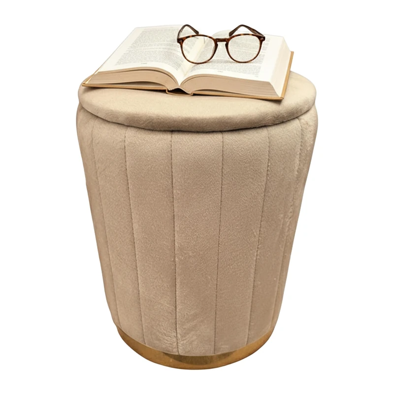 Relaxdays Velvet Storage Ottoman, Upholstered Round Pouffe, 42 x 32 cm, Living Room Coffee, Beige