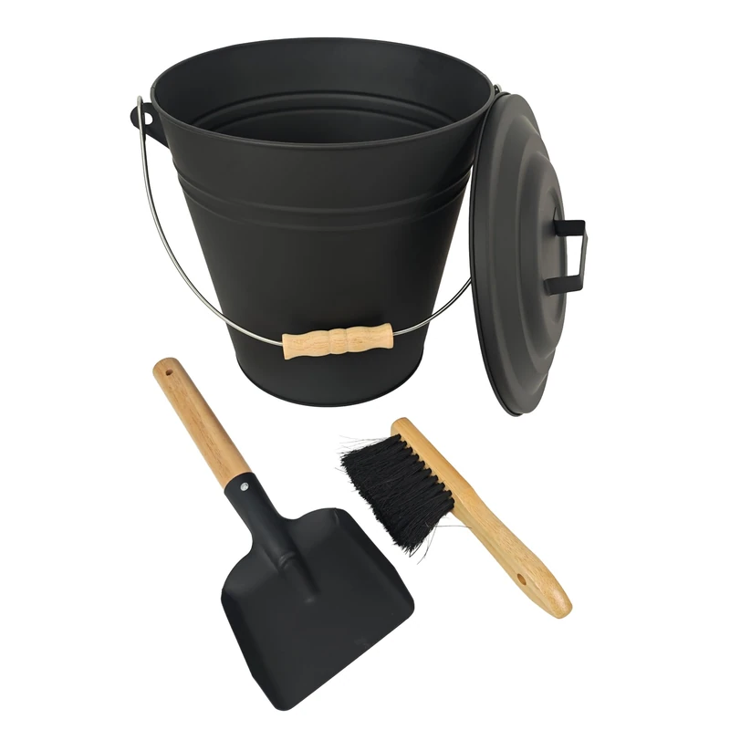 Relaxdays Ash Bucket with Lid, 15L, Includes Ash Brush & Fireplace Shovel, Wooden Handle, Black/Natural, 30x30x23cm