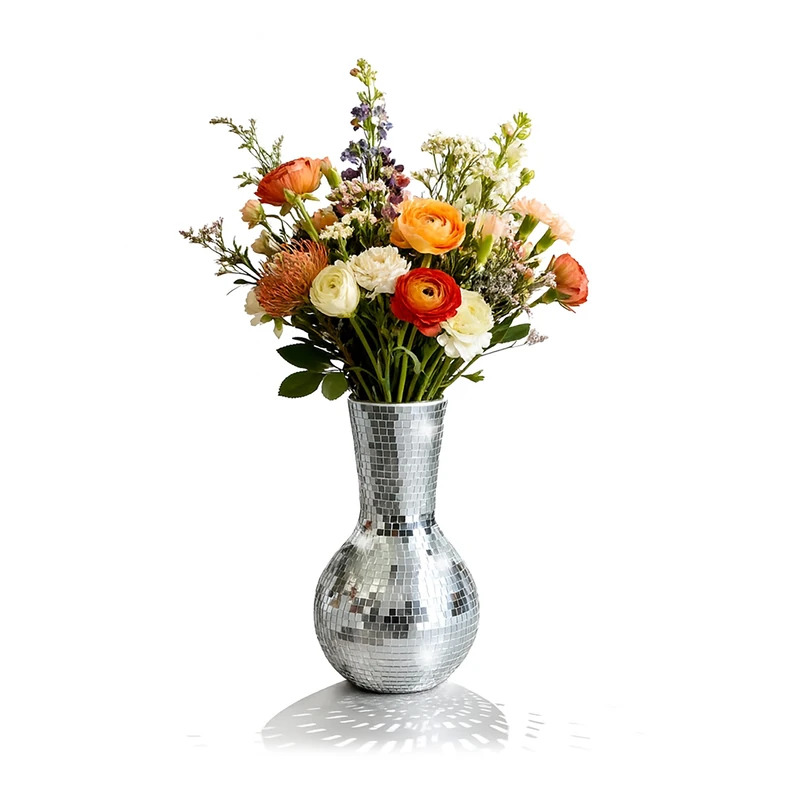 Relaxdays Disco Vase, mirrored mosaic round flower decor, 28x14x14 cm, silver