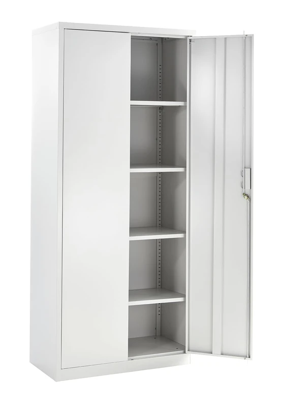 Metal Storage Cabinet with Lock, 2 Door Lockable Office Storage Cupboard, Tall Grey Unit 4 Adjustable Shelves, 180cm Office Cabinet, for Warehouse, Workshop, Garage Tool Cabinet (White, 180H x 80W)