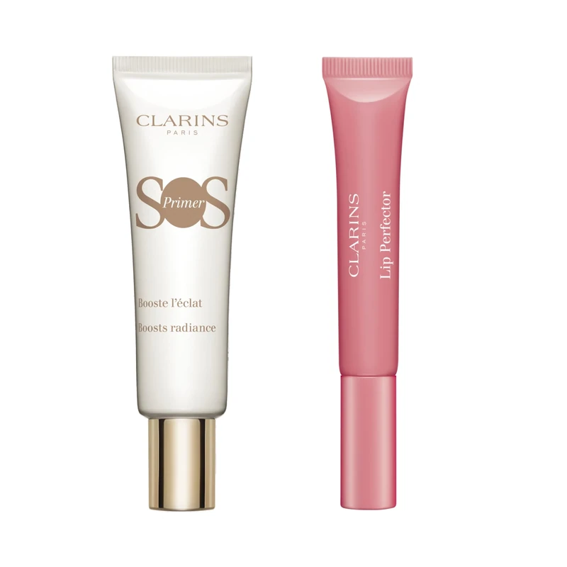 Prime and Pout Bundle | Gift Set | Contains Clarins SOS Primer White 30ml + Clarins Lip Perfector 01 Rose Shimmer 12ml
