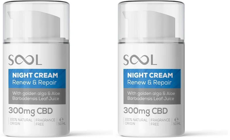 SOOL Night Facial Cream Renew & Repair 300mg CBD, 50ml | Cellular Repair Cream for All Skin Type | Best Night Cream for Face with Golden Alga (Pack of 2)