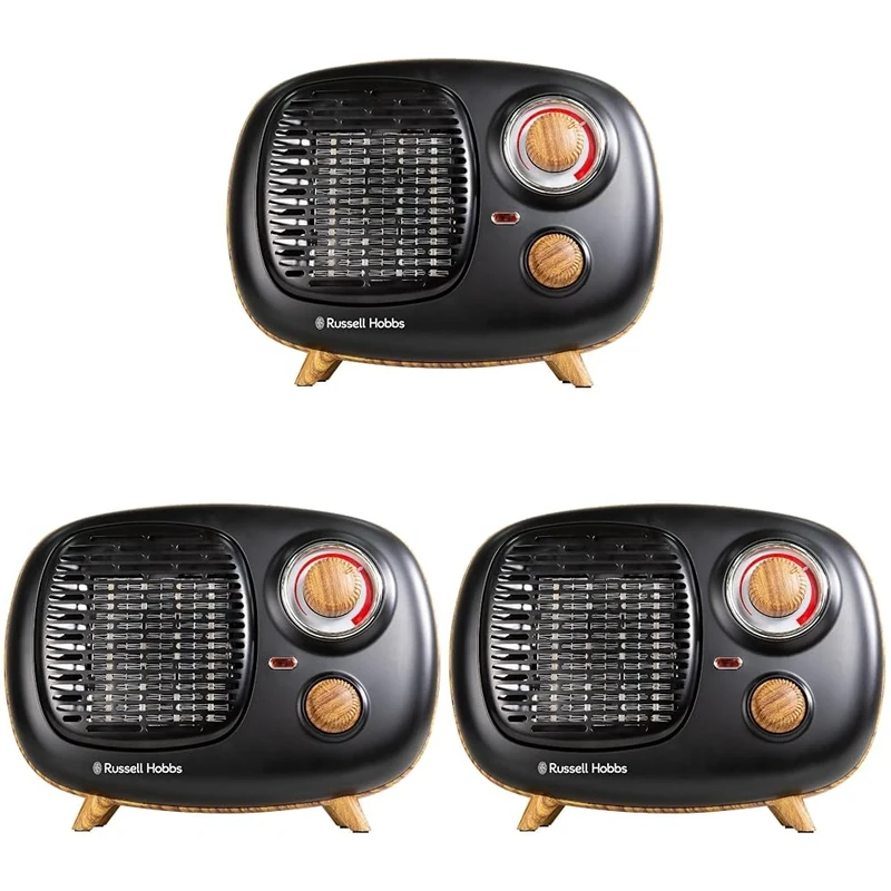 Russell Hobbs 1500W/1.5KW Electric Heater, Retro Portable Ceramic Heater Scandi Wood Effect in Black, 2 Heat Settings, Adjustable Thermostat, 15m2 Room Size, RHRETPTC2001WDB, 2 Year Guarantee