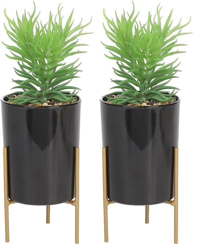 Sleepdown Halo Green Leaf Black Pot Stand Artificial Faux Plant for Home Office Bathroom Decor Indoor Decoration Aesthetics, Medium (Pack of 2) - Image 1