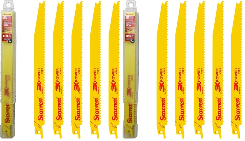 Starrett Wood Cutting Reciprocating Saw Blade - 5 Pieces BT96-5 Bi-Metal 225 mm/9" Inch 6 TPI Unified Shank - Compatible with Bosch Dewalt Makita & Many Others (Pack of 2)