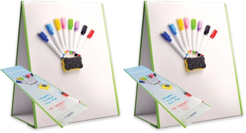 Magic Whiteboard Easel for Kids - A3 Foldable Kids Easel Double Sided with 8 Coloured Dry Erase Pens & Eraser - Easy Clean, Portable, & Magnetic Drawing Board for Arts, School, & Home (Pack of 2)