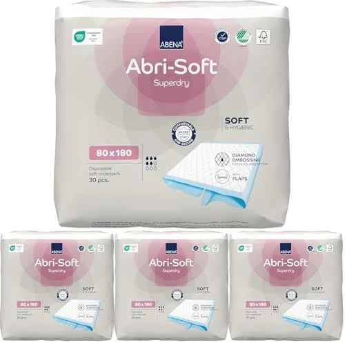 Abena Abri-Soft Superdry Incontinence Bed Pads With Flaps| 30 pads | 80 x 180cm| Suitable To Be Used As Incontinence Bed Sheets, Training Pads, Large Puppy Pads & a Waterproof Sheet (Pack of 4)