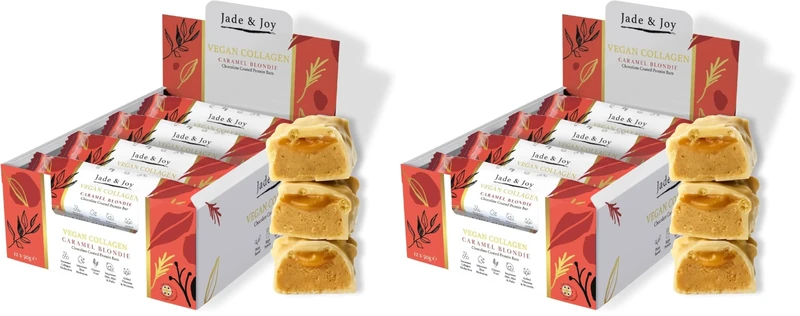 Jade & Joy Collagen Protein Bars, Caramel Blondie, 2.5g Plant Collagen, 15g Protein, Low Sugar, Hyaluronic Acid, Amino Acids, Low Calories, Gluten Free, Dairy Free, Added Vitamins & Minerals, 12x50g