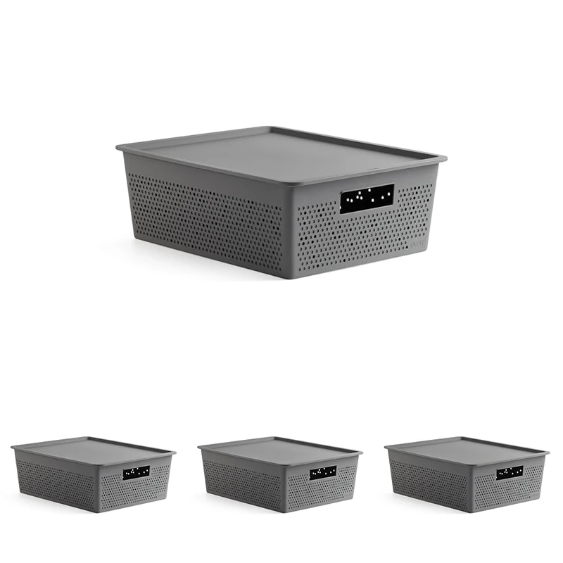 TATAY Set of 12L Rectangular Bohol Organizer Box and Lid, Polypropylene, BPA Free, 100% Recycled Plastic, Anthracite Grey, Measures 30.5 x 39.5 x 13.5 cm (Pack of 4)