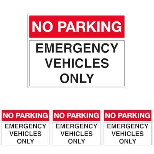 V Safety No Parking - Emergency Vehicles Only - Landscape 450 x 300 mm - 2mm Rigid Plastic Safety Sign (Pack of 4)