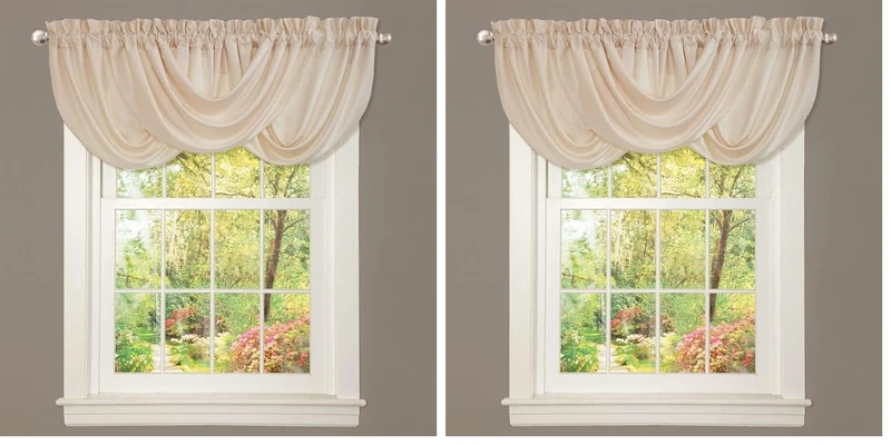 Lush Decor Neutral Lucia Valance Draped Soft Brushed Fabric, Window Kitchen Curtain (Single), 18” Long x 42” Wide (Pack of 2)