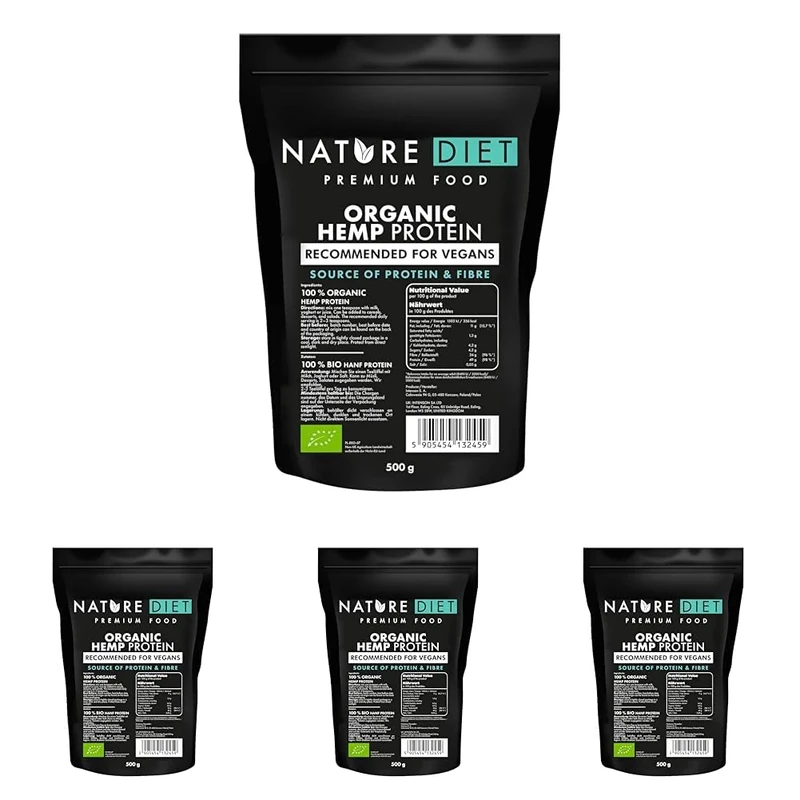 Nature Diet Bio Hemp Protein | 500 g | EU-Certified Organic | Plant-Based Protein Powder | High in Fibre | Vegan, Gluten-Free & Lactose-Free | Ideal for Smoothies, Shakes & Baking (Pack of 4)