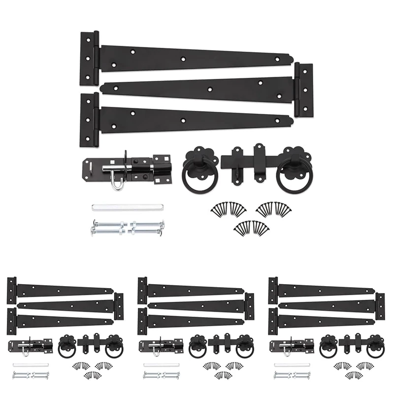 Infinity Decor Epoxy Black 12” Tee Hinges (3) with Plain Ring Gate Latch and Brenton Bolt Pack – Garden Gate Fitting Kit for External Barn, Shed Doors (Pack of 4)