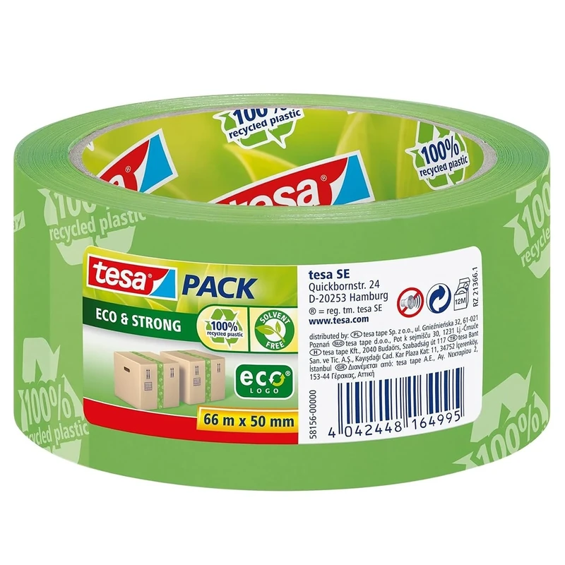 tesapack Eco & Strong - Environmentally Friendly Packing Tape Made of 100% Recycled Plastic, UV-Resistant and Age-Resistant - Green Printed - 66 m x 50 mm (Pack of 6)