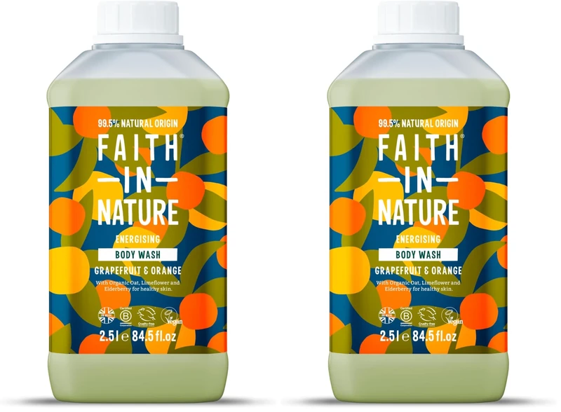 Faith In Nature Natural Grapefruit & Orange Body Wash, Energising Shower Gel, Vegan & Cruelty Free, No SLS or Parabens, 2.5L Refill (Pack of 2)