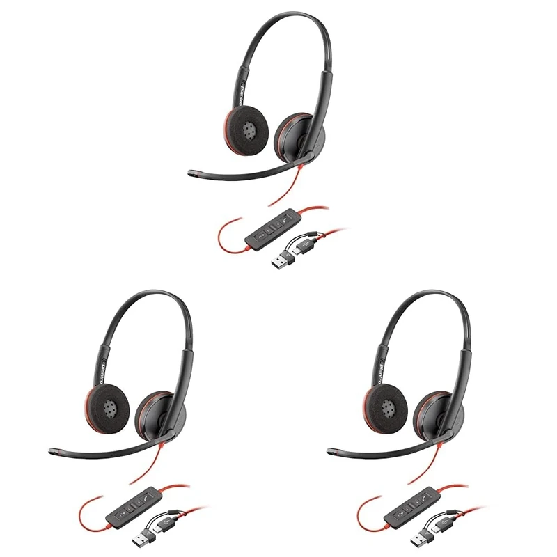 POLY Blackwire 3220 Wired Headset - Noise-Canceling Mic – Stereo Design - Connect to PC/Mac via USB-C or USB-A - Works w/Teams, Zoom (Pack of 3)