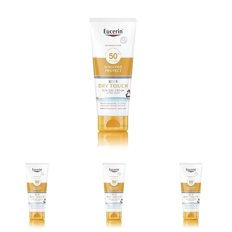 Eucerin Sun Kids Sensitive Sunscreen SPF50+ 200ml, Sun Cream SPF 50 for Sensitive Children's Skin, Ultra High Protection from UVA/UVB, Water-Resistant and Fast Absorbing Gel-Cream Formula (Pack of 4)