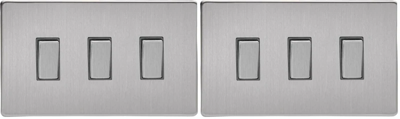 Varilight Triple Light Switch 2-Way Twin Plate - Screwless Brushed Steel With Brushed Steel Rockers (Pack of 2)