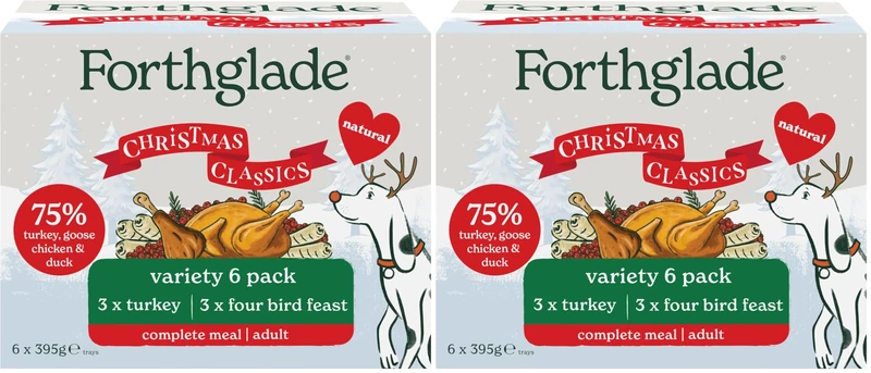 Forthglade Wet Dog Food Christmas Variety Pack (6 x 395g Trays) - Grain Free & Hypoallergenic Dog Food, Adult 1 Year+, Turkey with Cranberry & Four Bird Feast, Complete Meals, Natural Ingredients