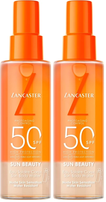 Lancaster Sun Beauty Body Water SPF50 100ml, Photoaging Control, Nude Skin Sensation, Broad Spectrum Sun Protection, Water and Sweat Resistant Spray, Suitable for All Skin Types, Vegan (Pack of 2)