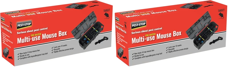 Pest-Stop Pre-Baited Multi-Use Mouse Box – 4 Quick-Snap Traps – Chocolate-Flavoured Hypoallergenic Bait – Reusable, Safe for Homes with Pets & Children – Long-Lasting Protection (Pack of 2)