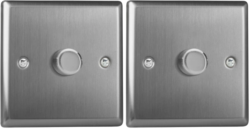 Varilight Single V-Pro Rotary 2-Way LED Dimmer 1 x 0-120W - Classic Brushed Steel With Brushed Steel Knob (Pack of 2)