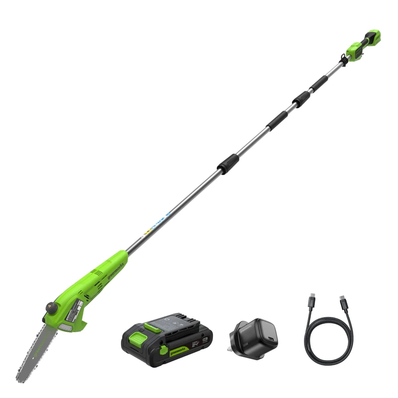 Greenworks 24V 8in Cordless Pole Saw, 2.68m Long Reach Pole Pruner for Tree Pruning, 20cm Electric Mini Chainsaw with Auto-Oiler, 6.7m/s Chain Speed with 2Ah Battery and 30W USB C Charger