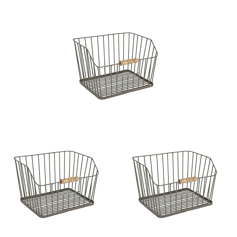 KitchenCraft Living Nostalgia Large Wire Storage Basket for Kitchen, Bathroom Counter or Wall Mounted Storage, 23.5 x 28.5 x 19 cm, Grey (Pack of 3)
