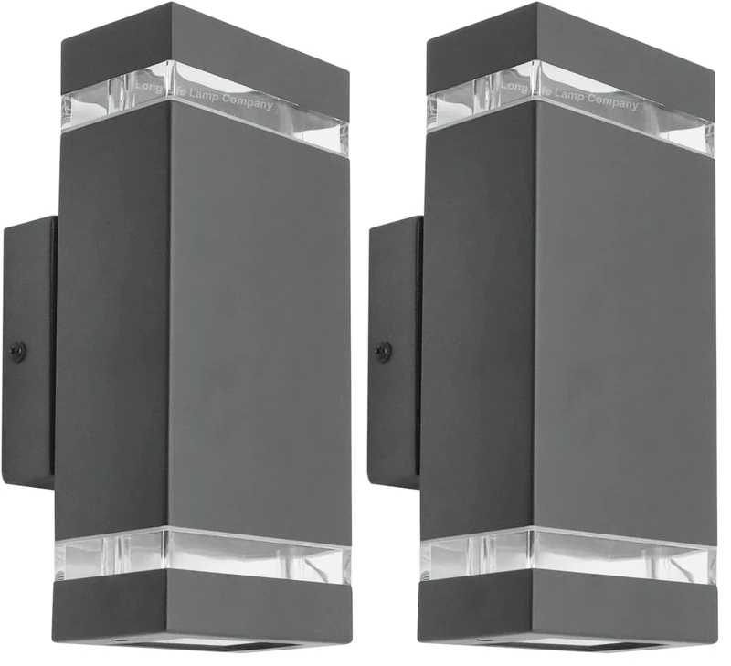 Long Life Lamp Company Rectangular Up Down Outdoor Wall Light Anthracite IP44 Clear Diffusers Modern Minimalist GU10 Garden Wall Light ZLC368B (Pack of 2)